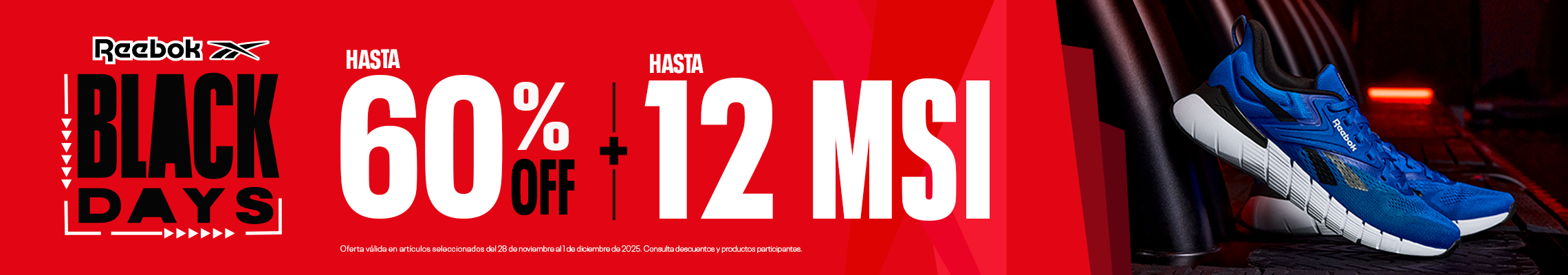 Tenis Reebok azules con descuento de Black Days. ¡Corre por los tuyos con hasta 60% off y 12 meses sin intereses!