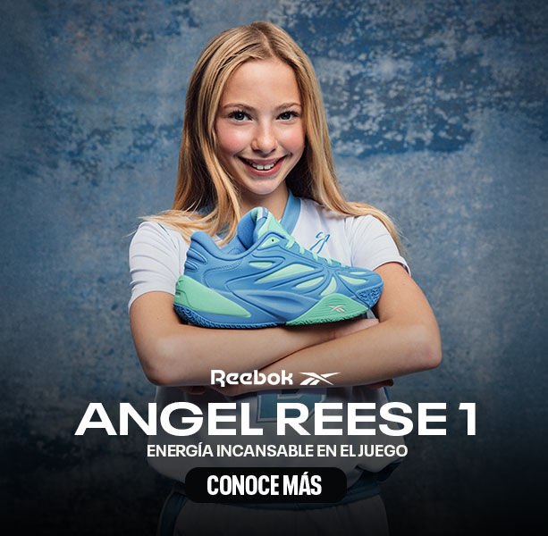 Banner principal Reebok Angel Reese 1 con modelo joven sosteniendo tenis de basketball en tonos azul el&eacute;ctrico y verde menta, fondo azul texturizado, logo Reebok vector, tipograf&iacute;a ANGEL REESE 1 ENERG&Iacute;A INCANSABLE EN EL JUEGO y bot&oacute;n Conoce M&aacute;s.