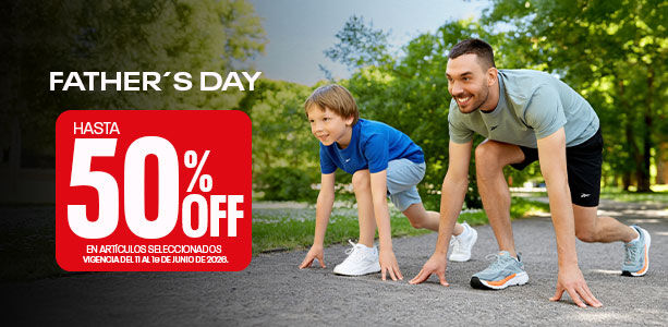 Banner mobile secci&oacute;n Father's Day de Reebok, padre e hijo en posici&oacute;n de salida sobre camino de parque con ropa y tenis Reebok, fondo de &aacute;rboles verdes, texto promocional Hasta 50% OFF vigencia del 11 al 19 de junio de 2026