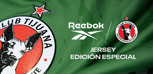 Banner secci&oacute;n Reebok x Xolos con primer plano de escudo Xoloitzcuintles en jersey verde, logo Reebok, texto Jersey Edici&oacute;n Especial