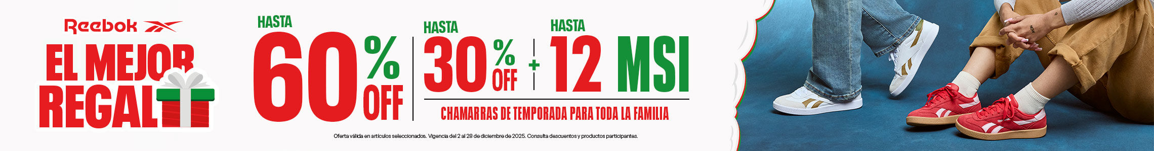 ¡Aprovecha! Reebok tiene hasta 60% de descuento en artículos seleccionados para esta Navidad, 30% en Chamarras y hasta 12 MSI. El mejor regalo para toda la familia esta Navidad.