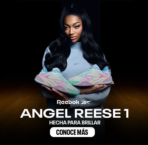 Calzado de b&aacute;squetbol para adulto Reebok Angel Reese 1 en tonos pastel multicolor, modelo Angel Reese con fondo oscuro, texto HECHA PARA BRILLAR