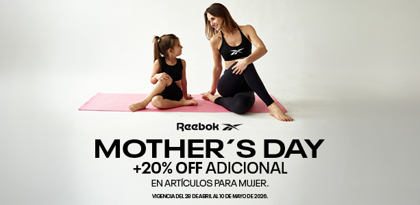 Banner Reebok Mother's Day mostrando madre e hija sentadas en tapete de yoga rosa
