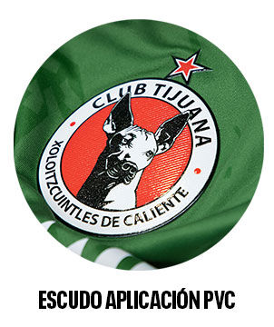 Detalle thumb escudo Xoloitzcuintles en PVC sobre jersey verde.