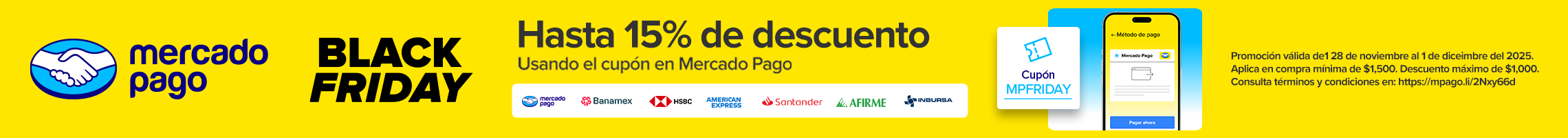 Obtén un 15% de descuento adicional pagando con Mercado Pago este Black Friday
