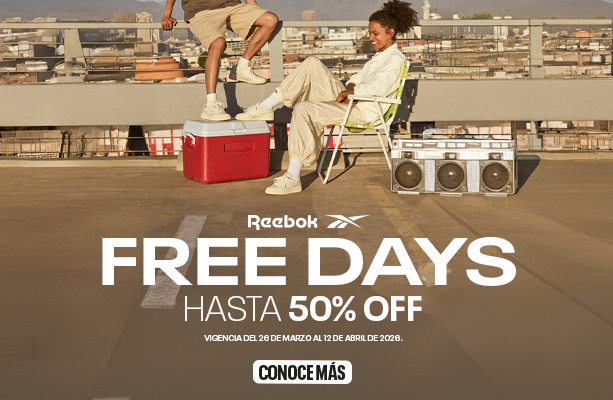Banner m&oacute;vil promoci&oacute;n Reebok Free Days con modelos en rooftop urbano, hielera roja y boombox retro, oferta hasta 50% de descuento.