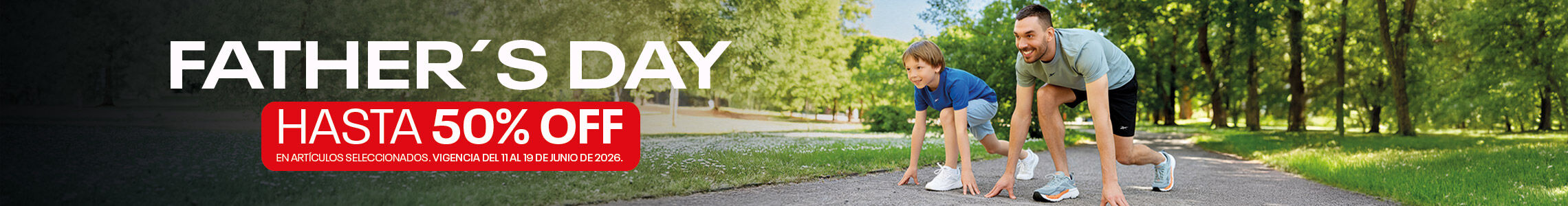 Banner mobile secci&oacute;n Father's Day de Reebok, padre e hijo en posici&oacute;n de salida sobre camino de parque con ropa y tenis Reebok, fondo de &aacute;rboles verdes, texto promocional Hasta 50% OFF vigencia del 11 al 19 de junio de 2026