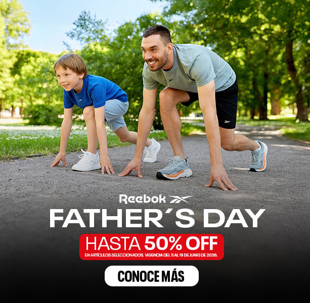 Banner mobile home Father's Day Reebok, padre e hijo sonriendo en posici&oacute;n de salida lista para correr en sendero de parque, vestidos con ropa deportiva Reebok, logo Reebok, texto Hasta 50% OFF en art&iacute;culos seleccionados y bot&oacute;n Conoce M&aacute;s.