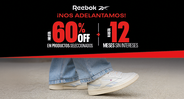 Banner secci&oacute;n mobile Reebok Nos Adelantamos con hasta 60% OFF y 12 meses sin intereses, tenis casual retro blanco con jeans.