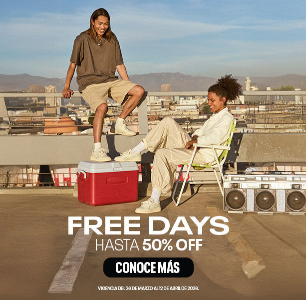 Banner m&oacute;vil promoci&oacute;n Reebok Free Days con modelos en rooftop urbano, hielera roja y boombox retro, oferta hasta 50% de descuento.