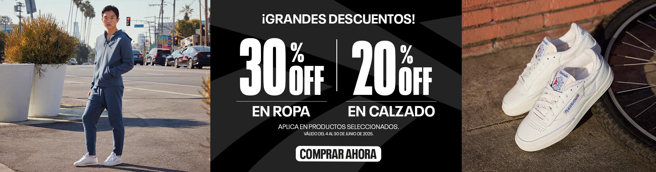 Descuentos y ofertas en ropa y tenis reebok 30% de descuento en ropa y 20 en tenis del 4 al 30 de junio, aplica en productos seleccionados