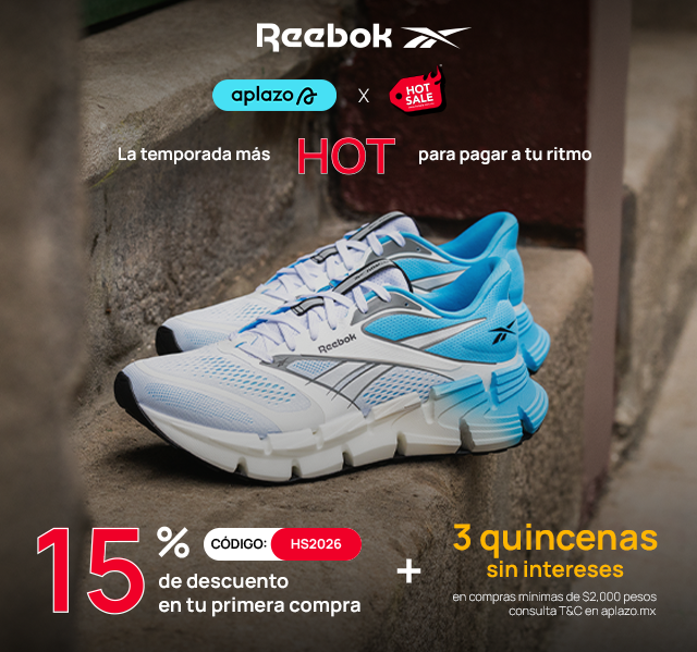 Promoci&oacute;n Reebok Hot Sale con Aplazo, 15% de descuento c&oacute;digo HS2026 + 3 quincenas sin intereses, tenis blanco y azul.
