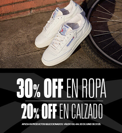 Promociones en ropa y tenis reebok 30% de descuento en ropa y 20 en tenis del 4 al 30 de junio, aplica en productos seleccionados