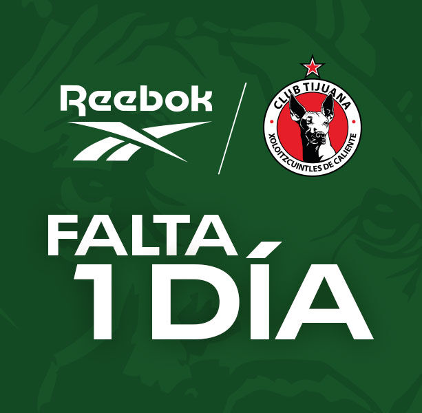 Teaser mobile Reebok x Club Tijuana, cuenta regresiva 1 d&iacute;a, logo Reebok, escudo Xoloitzcuintles, fondo verde.