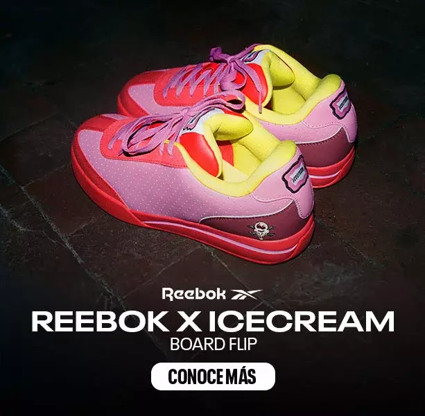 Banner mobile secci&oacute;n Reebok x IceCream Board Flip, modelo con jeans oscuros calzando tenis skate en combinaci&oacute;n verde rosa y blanco con suela caf&eacute;, sobre pavimento texturizado, texto Reebok x IceCream Board Flip.
