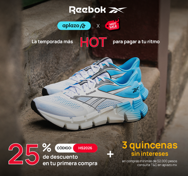 Promoci&oacute;n Reebok Hot Sale con Aplazo, 25% de descuento c&oacute;digo HS2026 + 3 quincenas sin intereses, tenis blanco y azul.