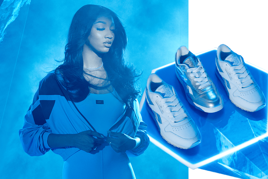 Angel Reese enseñando los tenis Reebok x Angel Reese, destacando su diseño moderno y deportivo