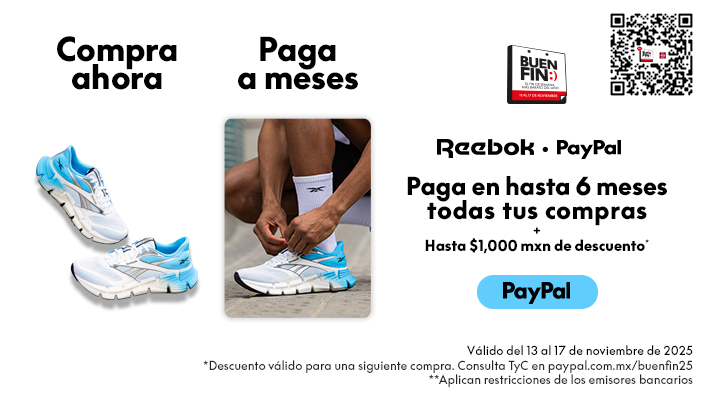 Paga a en hasta 6 MSI y recibe 1000 pesos de descuento pagando con PayPal este Buen Fin en Reebok