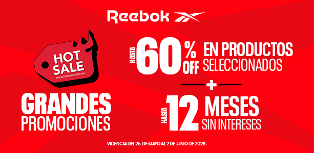 Banner secci&oacute;n Reebok Hot Sale con hasta 60% OFF y 12 meses sin intereses, fondo rojo, logo Hot Sale.