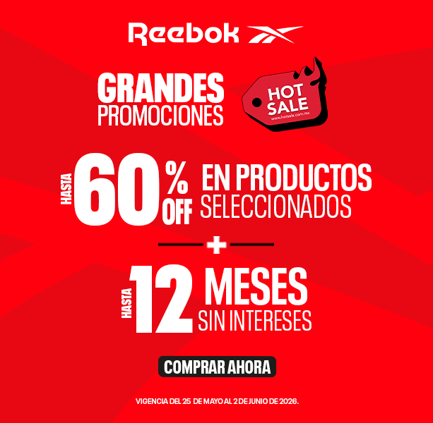 Banner principal mobile Reebok Hot Sale con hasta 60% OFF y 12 meses sin intereses, fondo rojo.