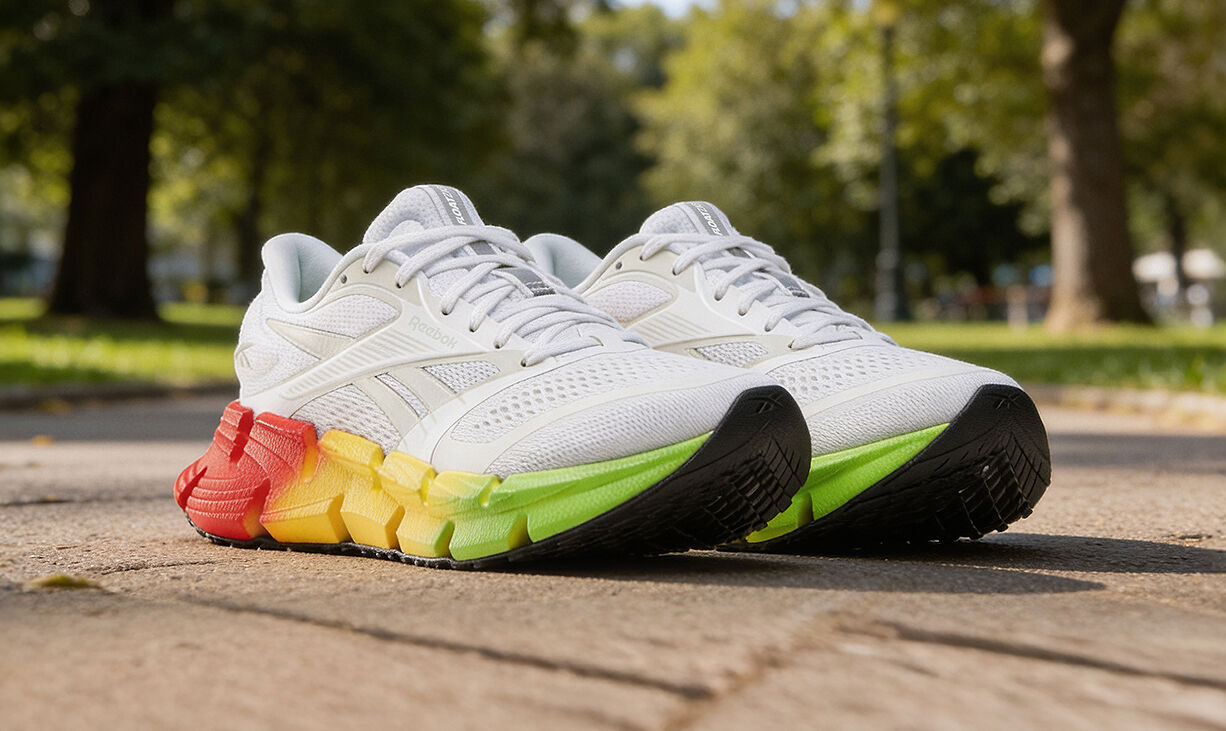 Imagen carrusel Reebok Floatzig 2 Solemates, par de tenis running blancos con suela degradada multicolor rojo amarillo y verde sobre pavimento gris, fondo de parque con &aacute;rboles y c&eacute;sped verde desenfocado, dise&ntilde;o transpirable con logo Reebok lateral.