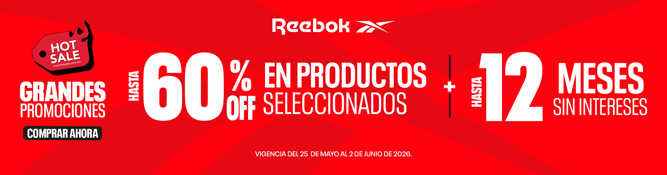 Banner principal mobile Reebok Hot Sale con hasta 60% OFF y 12 meses sin intereses, fondo rojo.