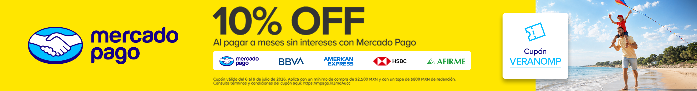 Banner mobile secci&oacute;n Reebok con promoci&oacute;n Mercado Pago, 10% OFF al pagar a meses sin intereses, cup&oacute;n de verano VERANOMP, fondo amarillo con padre e hijo volando papalote en la playa, logos de Mercado Pago, BBVA, American Express, HSBC y Afirme, vigencia del 6 al 9 de julio de 2026.