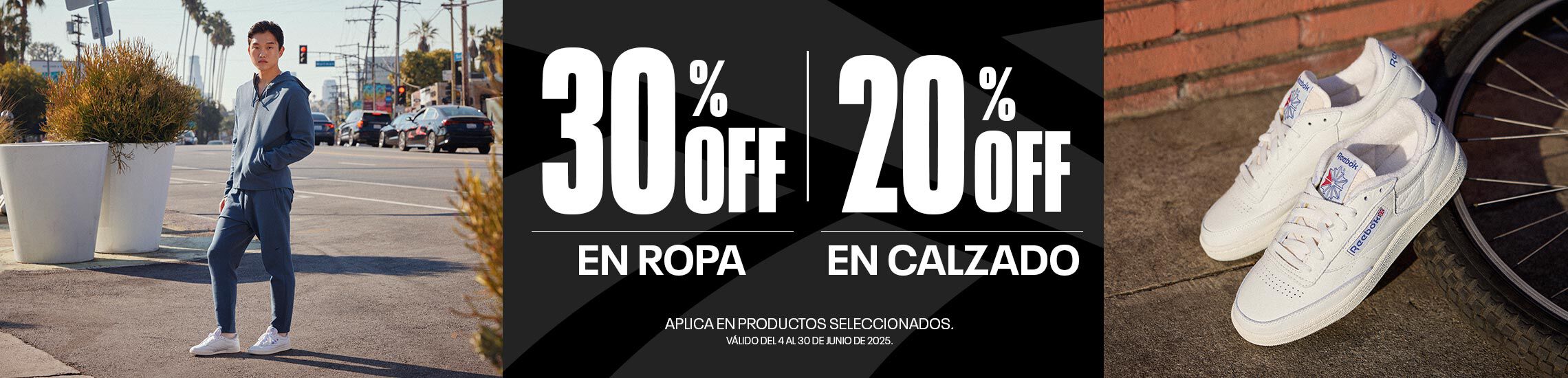 Promociones en ropa y tenis reebok 30% de descuento en ropa y 20 en tenis del 4 al 30 de junio, aplica en productos seleccionados
