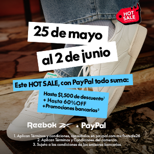 Promoci&oacute;n mobile Reebok Hot Sale con PayPal, descuento + 60% OFF, tenis blanco con jeans.