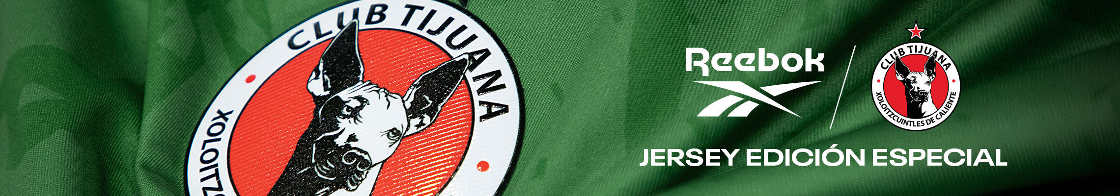 Banner secci&oacute;n Reebok x Xolos con primer plano de escudo Xoloitzcuintles en jersey verde, logo Reebok, texto Jersey Edici&oacute;n Especial