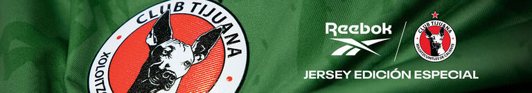 Banner secci&oacute;n Reebok x Xolos con primer plano de escudo Xoloitzcuintles en jersey verde, logo Reebok, texto Jersey Edici&oacute;n Especial