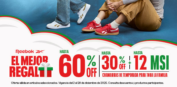 ¡Aprovecha! Reebok tiene hasta 60% de descuento en artículos seleccionados para esta Navidad, 30% en Chamarras y hasta 12 MSI. El mejor regalo para toda la familia esta Navidad.