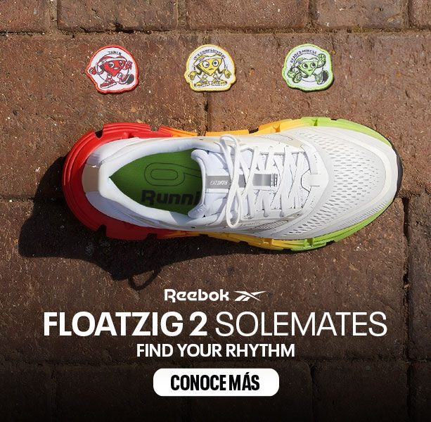 Banner desktop home Reebok Floatzig 2 Solemates, tenis blanco vista cenital sobre pavimento de ladrillo con suela multicolor rojo amarillo y verde, parches de personajes de la colecci&oacute;n Solemates, logo Reebok, texto Floatzig 2 Solemates Find Your Rhythm y bot&oacute;n Conoce M&aacute;s.