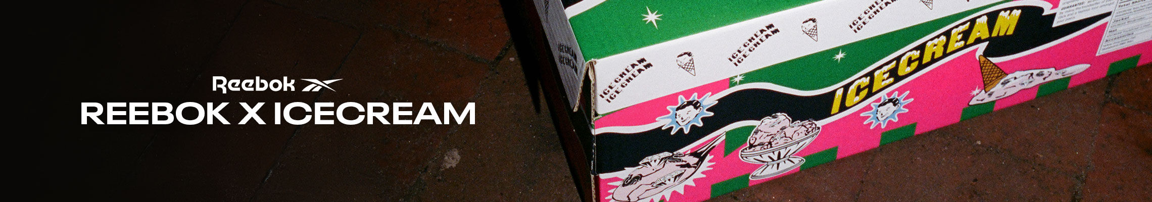 Banner secundario mobile Reebok x IceCream Board Flip, caja de zapatos con ilustraciones de helados y personajes en colores verde rosa y blanco, logo Reebok Vector, texto Reebok x IceCream.