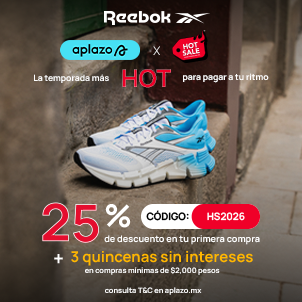 Promoci&oacute;n Reebok Hot Sale con Aplazo, 25% de descuento c&oacute;digo HS2026 + 3 quincenas sin intereses, tenis blanco y azul.