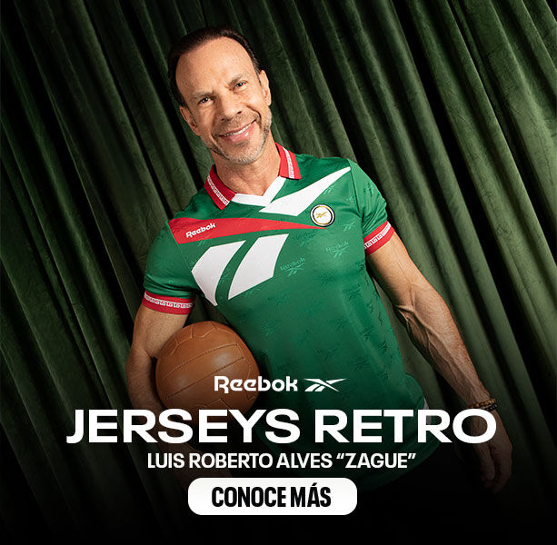 Banner principal mobile Reebok Jerseys Retro con Luis Roberto Alves Zague en jersey verde con vector blanco y rojo, sosteniendo bal&oacute;n vintage, bot&oacute;n Conoce M&aacute;s.