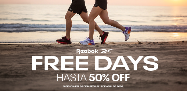 Secci&oacute;n m&oacute;vil promoci&oacute;n Free Days con corredores en playa al atardecer usando tenis Reebok de running multicolor, arena y oleaje de fondo.