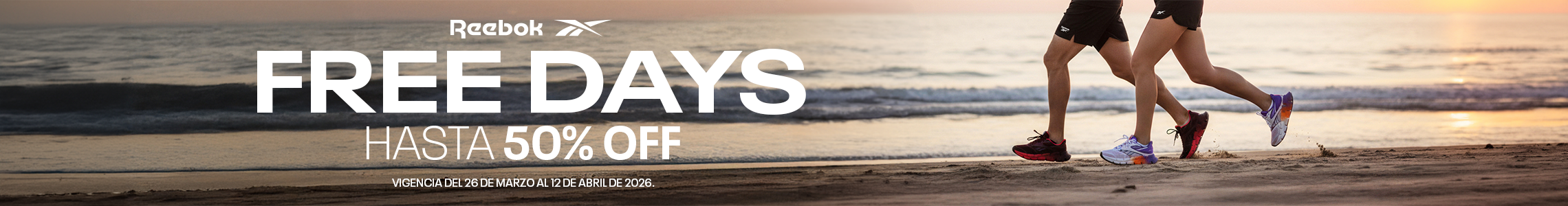 Secci&oacute;n m&oacute;vil promoci&oacute;n Free Days con corredores en playa al atardecer usando tenis Reebok de running multicolor, arena y oleaje de fondo.