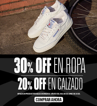 Descuentos y ofertas en ropa y tenis reebok 30% de descuento en ropa y 20 en tenis del 4 al 30 de junio, aplica en productos seleccionados