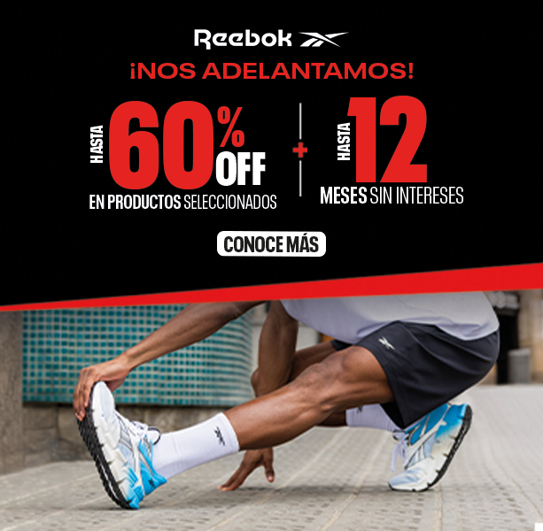 Banner principal Reebok Nos Adelantamos con hasta 60% OFF y 12 meses sin intereses, modelo estirando con tenis running blanco y azul, fondo negro y rojo, bot&oacute;n Conoce M&aacute;s.