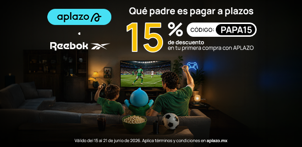 Banner mobile home promocional Reebok D&iacute;a del Padre, padre e hijo con jersey verde viendo partido de f&uacute;tbol en sala desde sof&aacute;, palomitas y bal&oacute;n en mesa, pantalla con estadio iluminado, texto 15% de descuento c&oacute;digo PAPA15, logo Reebok, vigencia del 15 al 21 de junio de 2026