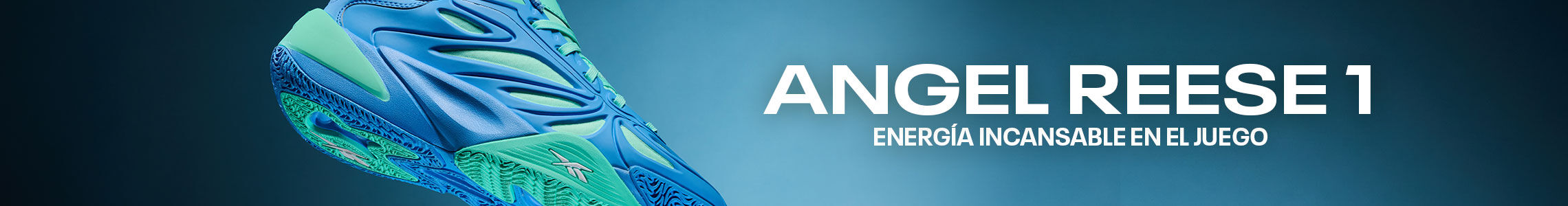 Banner secci&oacute;n mobile Reebok Angel Reese 1 con tenis de basketball flotante en tonos azul el&eacute;ctrico y verde menta, suela con tracci&oacute;n texturizada y logo Reebok vector, fondo degradado azul, tipograf&iacute;a ANGEL REESE 1 ENERG&Iacute;A INCANSABLE EN EL JUEGO.