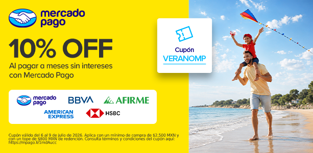 Banner mobile secci&oacute;n Reebok con promoci&oacute;n Mercado Pago, 10% OFF al pagar a meses sin intereses, cup&oacute;n de verano VERANOMP, fondo amarillo con padre e hijo volando papalote en la playa, logos de Mercado Pago, BBVA, American Express, HSBC y Afirme, vigencia del 6 al 9 de julio de 2026.