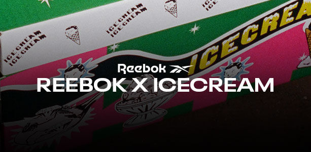 Banner secundario mobile Reebok x IceCream Board Flip, caja de zapatos con ilustraciones de helados y personajes en colores verde rosa y blanco, logo Reebok Vector, texto Reebok x IceCream.