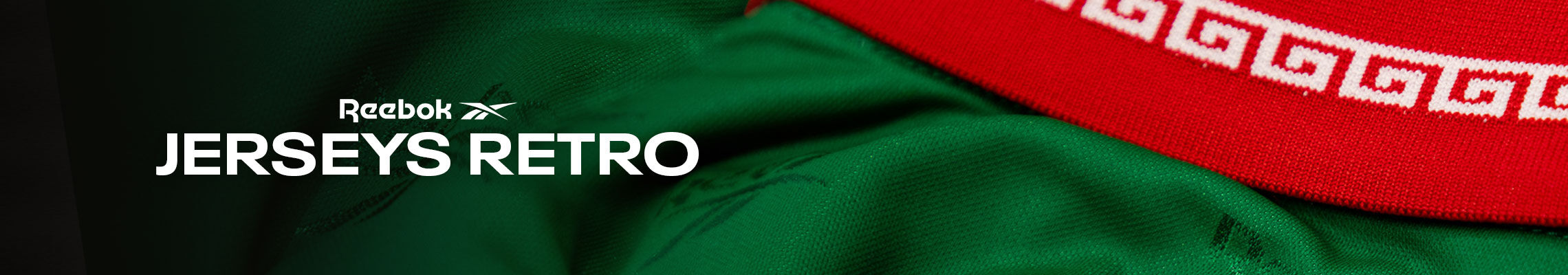 Banner secci&oacute;n mobile Reebok Jerseys Retro con textil verde y detalle de ribs rojos con grecas.