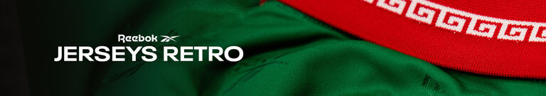 Banner secci&oacute;n mobile Reebok Jerseys Retro con textil verde y detalle de ribs rojos con grecas.