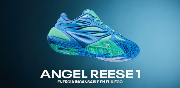 Banner secci&oacute;n mobile Reebok Angel Reese 1 con tenis de basketball flotante en tonos azul el&eacute;ctrico y verde menta, suela con tracci&oacute;n texturizada y logo Reebok vector, fondo degradado azul, tipograf&iacute;a ANGEL REESE 1 ENERG&Iacute;A INCANSABLE EN EL JUEGO.