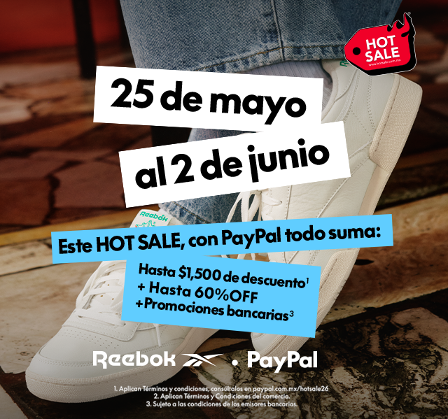 Promoci&oacute;n mobile Reebok Hot Sale con PayPal, descuento + 60% OFF, tenis blanco con jeans.