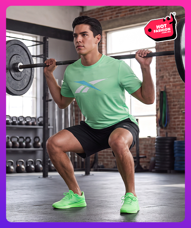 Look Reebok Hot Fashion para hombre, modelo haciendo sentadillas con barra en un gimnasio de ladrillo, playera verde menta Reebok con logo Vector azul, short negro Reebok y tenis de entrenamiento verde ne&oacute;n, kettlebells y discos de peso al fondo, etiqueta Hot Fashion. Reebok hombre, ropa de gimnasio Reebok, playera Reebok, tenis de entrenamiento y rebajas Hot Fashion.