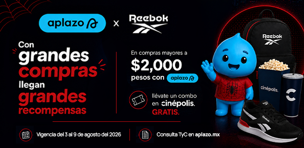 Cintillo desktop Reebok x Aplazo con combo Cin&eacute;polis gratis en compras mayores a $2,000 pesos pagando con Aplazo, texto Con grandes compras llegan grandes recompensas, fondo negro con telara&ntilde;as rojas, mascota azul de Aplazo con playera roja y emblema de ara&ntilde;a, mochila negra Reebok, tenis negros Reebok con detalles rojos, palomitas y vaso de Cin&eacute;polis, vigencia del 3 al 9 de agosto. Reebok, Aplazo, Cin&eacute;polis, mochilas Reebok, tenis Reebok, promoci&oacute;n y meses sin intereses.